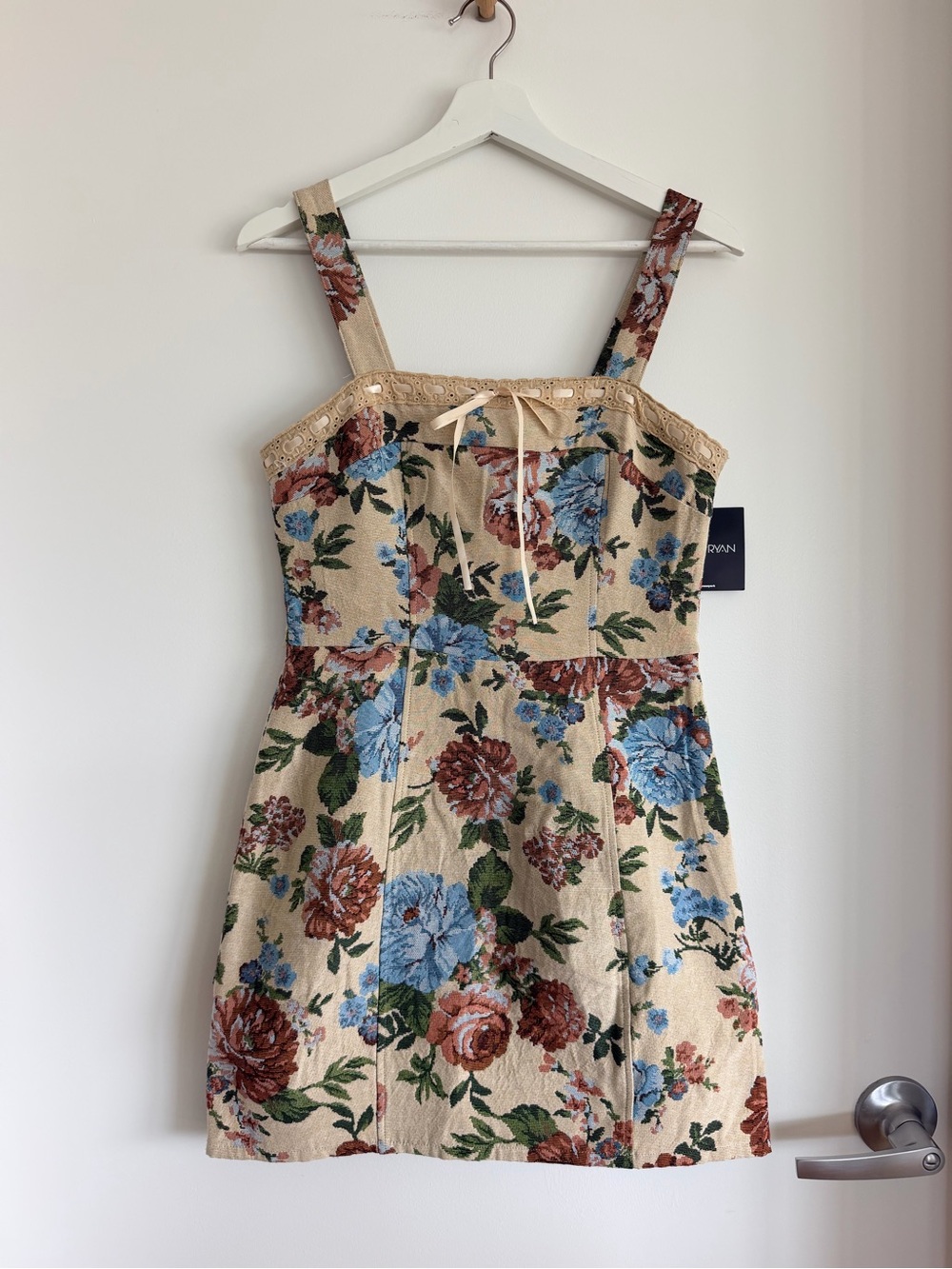 Beige Floral Mini Dress with Blue & Rust Blooms